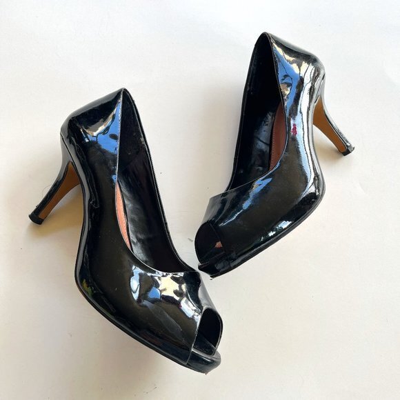 Vince Camuto Kira Black Glossy Peep Toe Pump Heels Black Patent Womens Size 7.5B - Picture 1 of 8